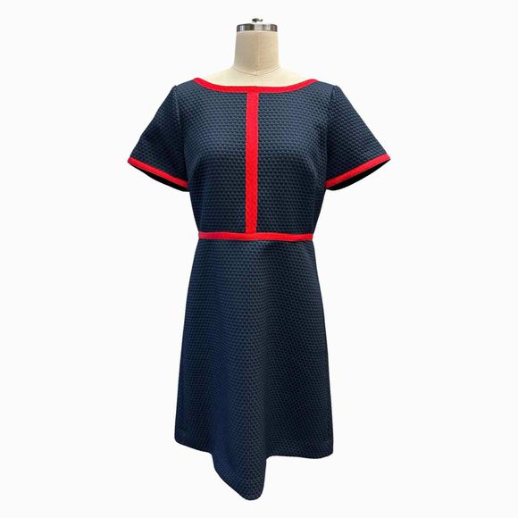 JCREW NWT! MATELASSE KNEE LENGTH CONTRAST PIPING NAVY/RED DRESS WITH MATCHING JACKET SIZE 10