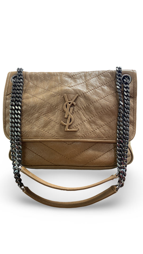 YVES SAINT LAURENT MEDIUM NIKI VINTAGE LEATHER SHOULDER BAG IN TAN