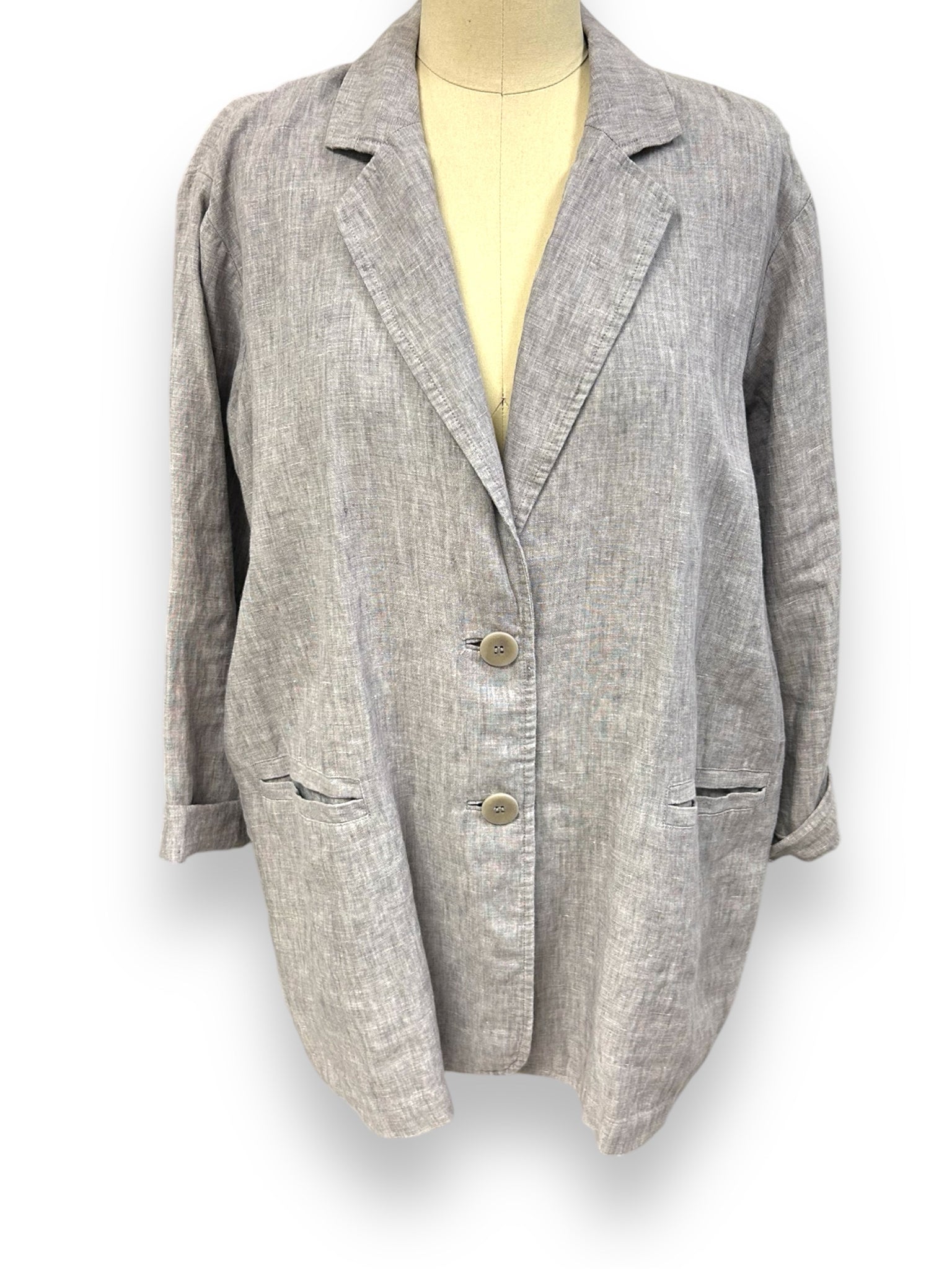EILEEN FISHER GRAY HEATHERED ORGANIC LINEN 2 BUTTON BLAZER SIZE XS