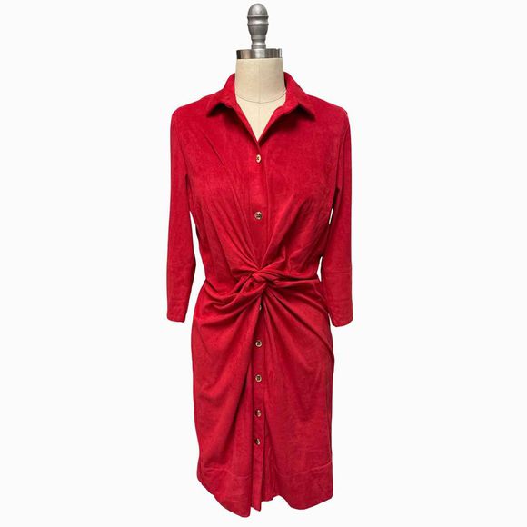 GRETCHEN SCOTT TWIST AND SHOUT FAUX SUEDE RED RUCHED DRESS SIZE S