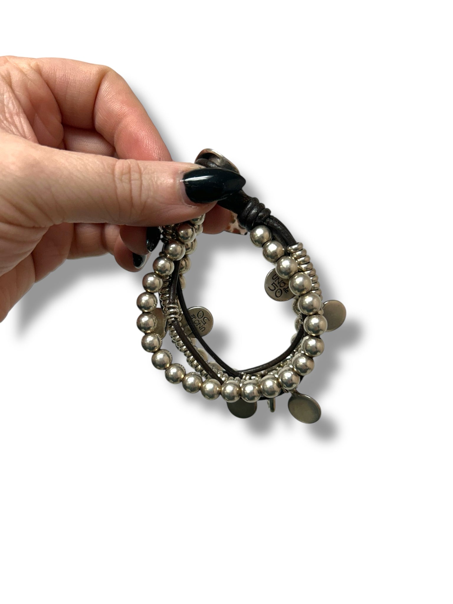UNO DE 50 SILVER LEATHER CORD/STERLING BRACELET