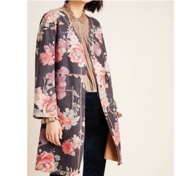 ANTHROPOLOGIE SOLITAIRE LONG FLORAL JACKET SIZE L
