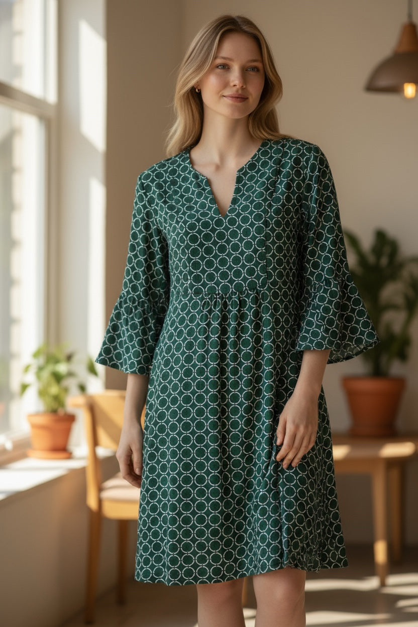 JUDE CONNALLY CIRCLE GEO CHAIN LINK BELL SLEEVE GREEN DRESS SIZE XXL