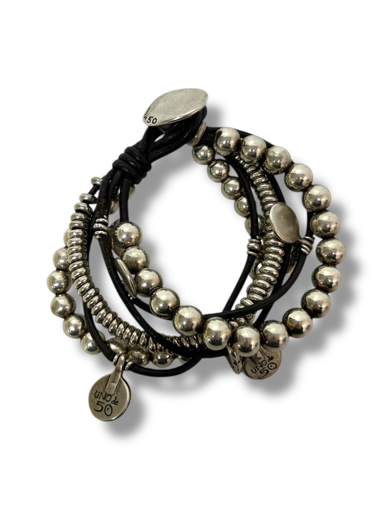 UNO DE 50 SILVER LEATHER CORD/STERLING BRACELET