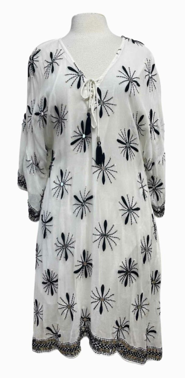 RUBY YAYA ALICANTE SEQUIN EMBELLISHED WHITE/BLACK TUNIC TOP SIZE S