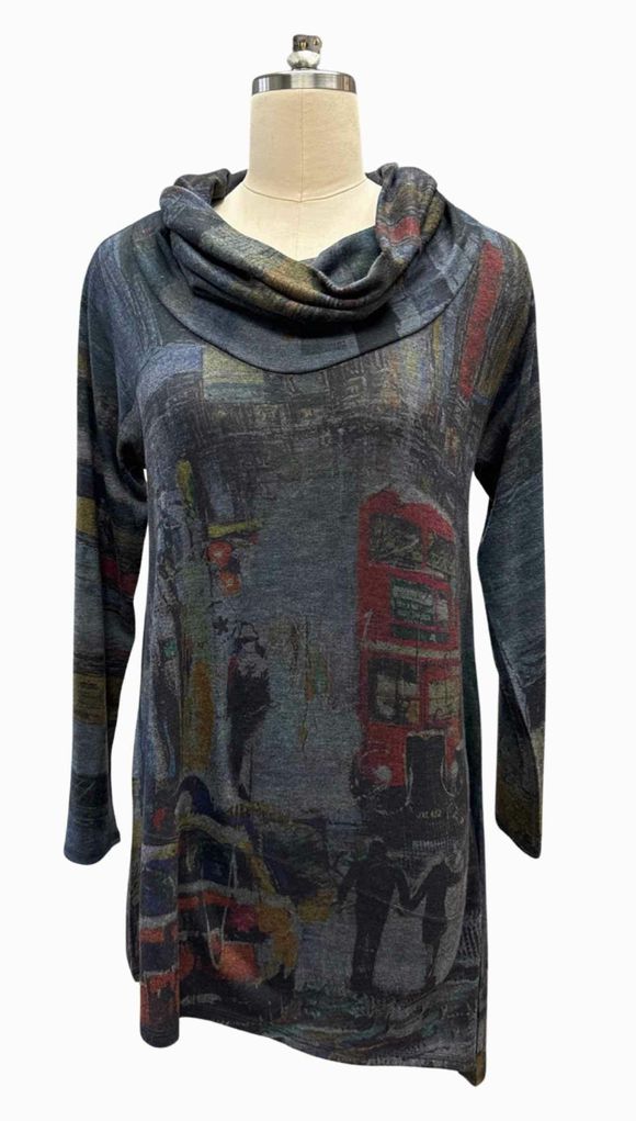 INOAH LONDON PRINT COWL NECK LS NAVY/RED TOP SIZE S