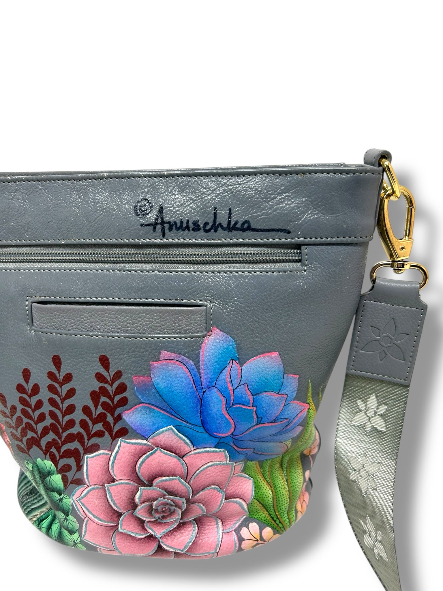ANUSCHKA HAND PAINTED DESERT GARDEN CROSSBODY GRAY LEATHER