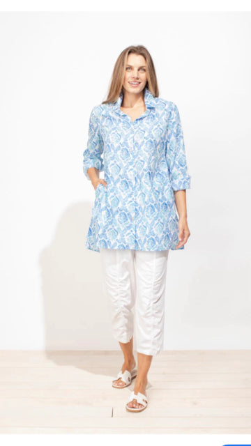 HABITAT ESCAPE PRINT BUTTON DOWN COLLARED BLUE/WHITE TUNIC SIZE XL