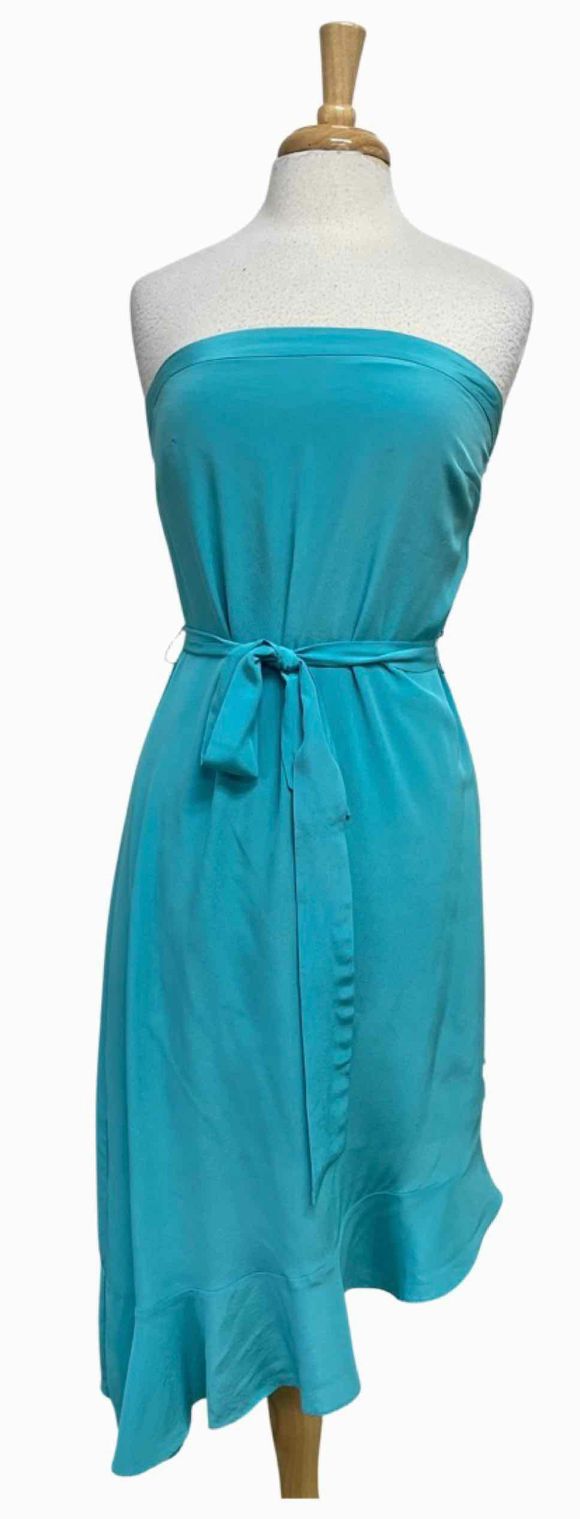 ALICE & TRIXIE SILK STRAPLESS RUFFLE HEM TIE WAIST AQUA DRESS SIZE XS