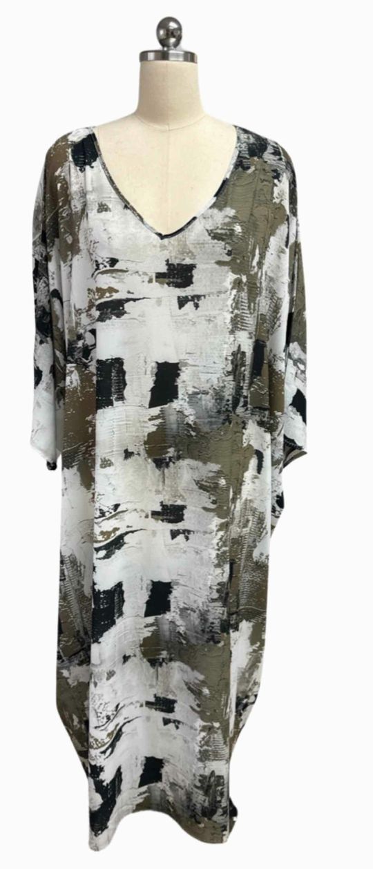 KOZAN NWT! WOOD WALL KAFTAN WHITE/GREEN DRESS SIZE L