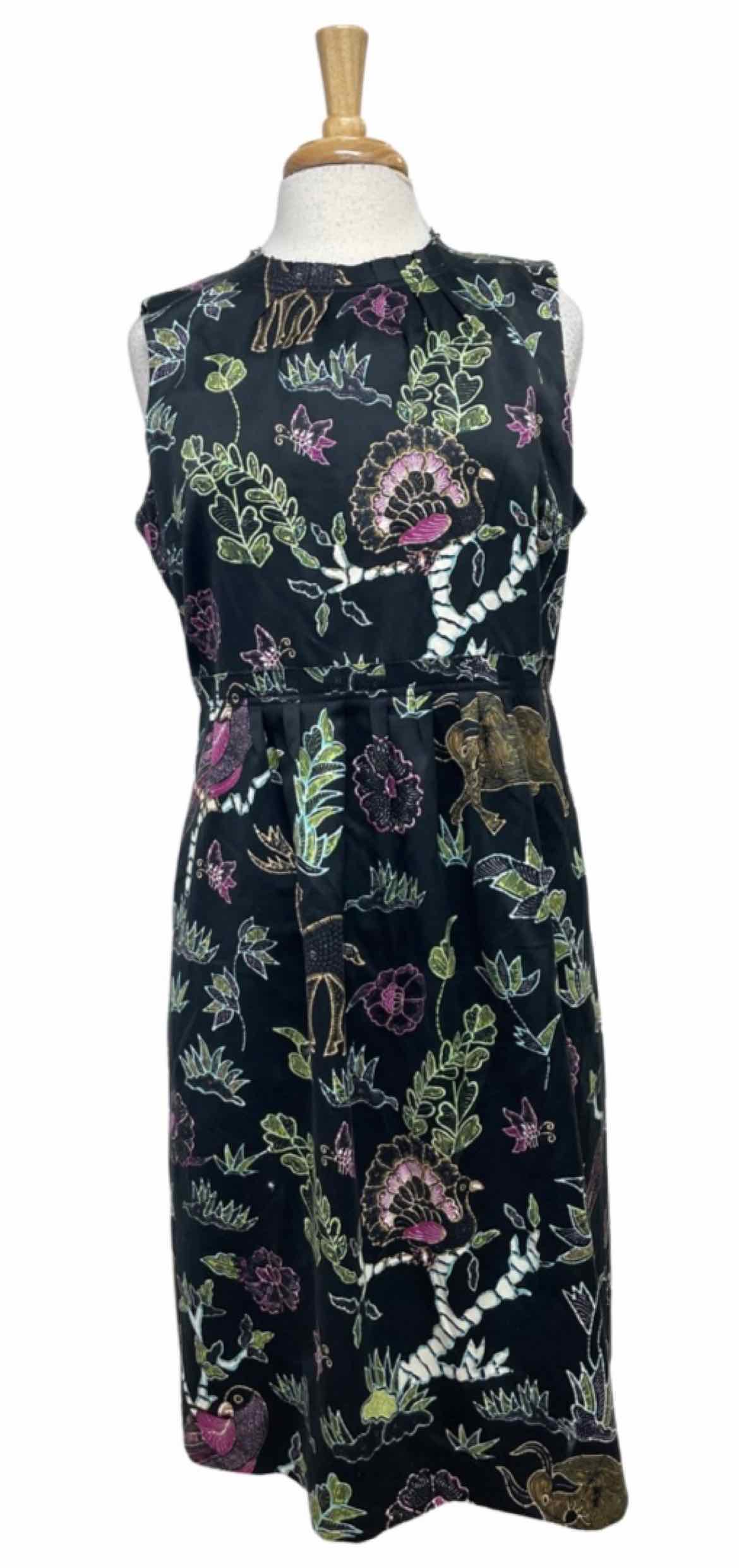 TORY BURCH SILK BLEND SLEEVELESS ANIMAL PRINT BLACK DRESS SIZE 12