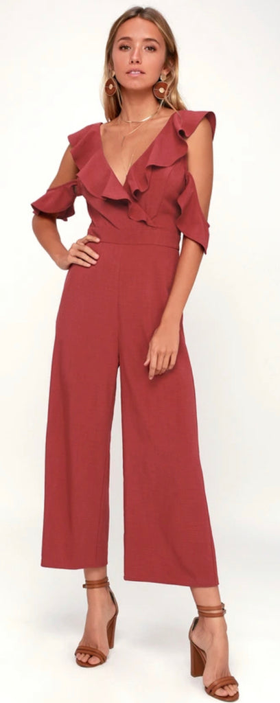 NWT! LULUS COLD SHOULDER RUFFLE RUST RED JUMPSUIT SIZE SMALL