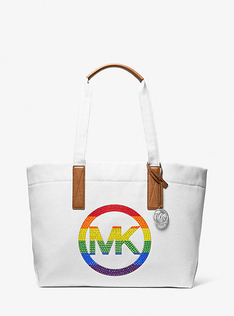 NWT! MICHAEL KORS RAINBOW THE MICHAEL LARGE PRIDE EMBELLISHED LOGO CANVAS TOTE