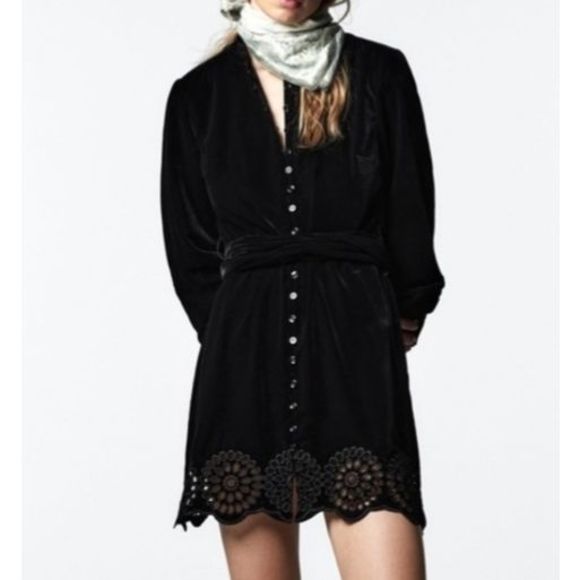 ZARA VELVET BELTED BLACK DRESS SIZE XS