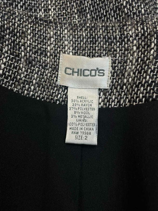 CHICOS TWEED GEM STONE TOPPER BLACK/WHITE JACKET SIZE L– WEARHOUSE  CONSIGNMENT