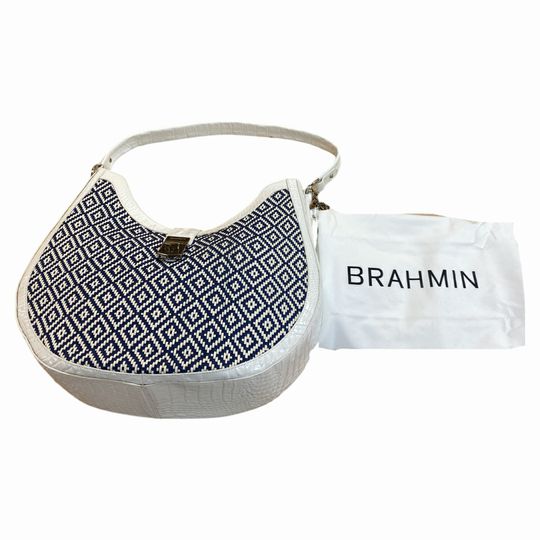 BRAHMIN BETHANY DENIM ROYAL PALM SHOULDER BAG WHITE/NAVY
