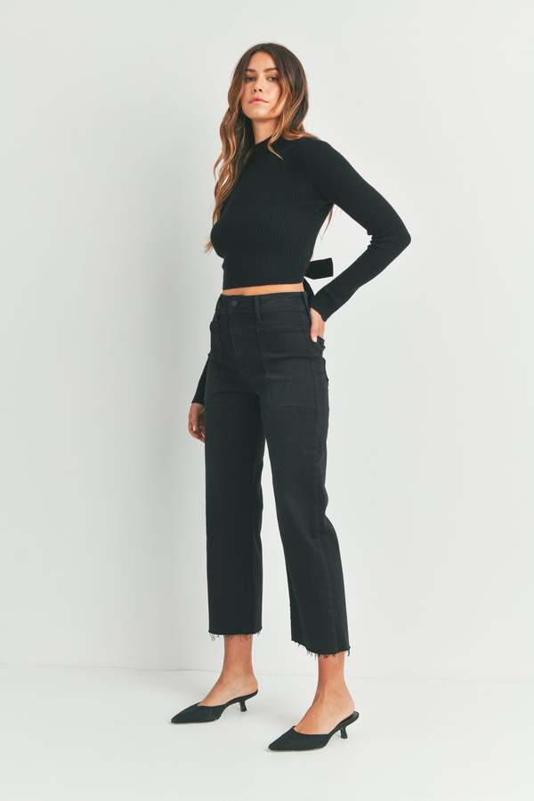 JUST BLACK HIGH RISE RAW HEM WIDE LEG BLACK JEANS SIZE 25