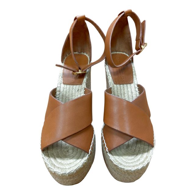 TORY BURCH CAMEL SELBY WOVEN ESPADRILLE WEDGE SIZE 5