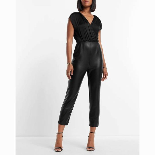 EXPRESS CAP SLEEVE FAUX LEATHER BLACK JUMPSUIT SIZE M