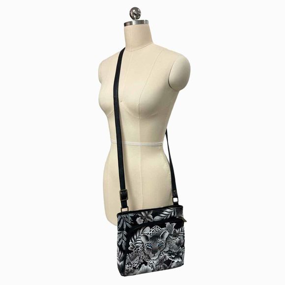 ANUSCHKA CLEOPATRA'S LEOPARD RFID ORGANIZER BLACK CROSSBODY BAG