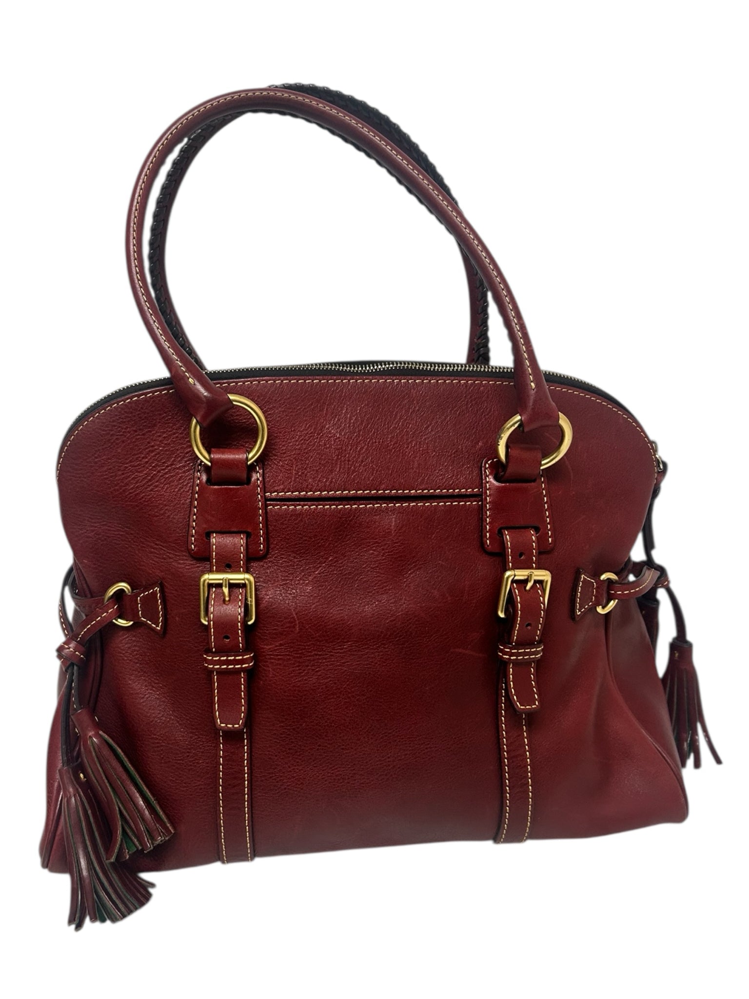 DOONEY AND BOURKE FLORENTINE DOMED BUCKLE SATCHEL BRIGHT RED