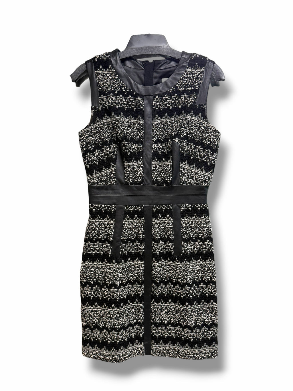 MILLY TWEED WOOL LAMB LEATHER TRIM SLEEVELESS SHEATH TANK DRESS SIZE 6