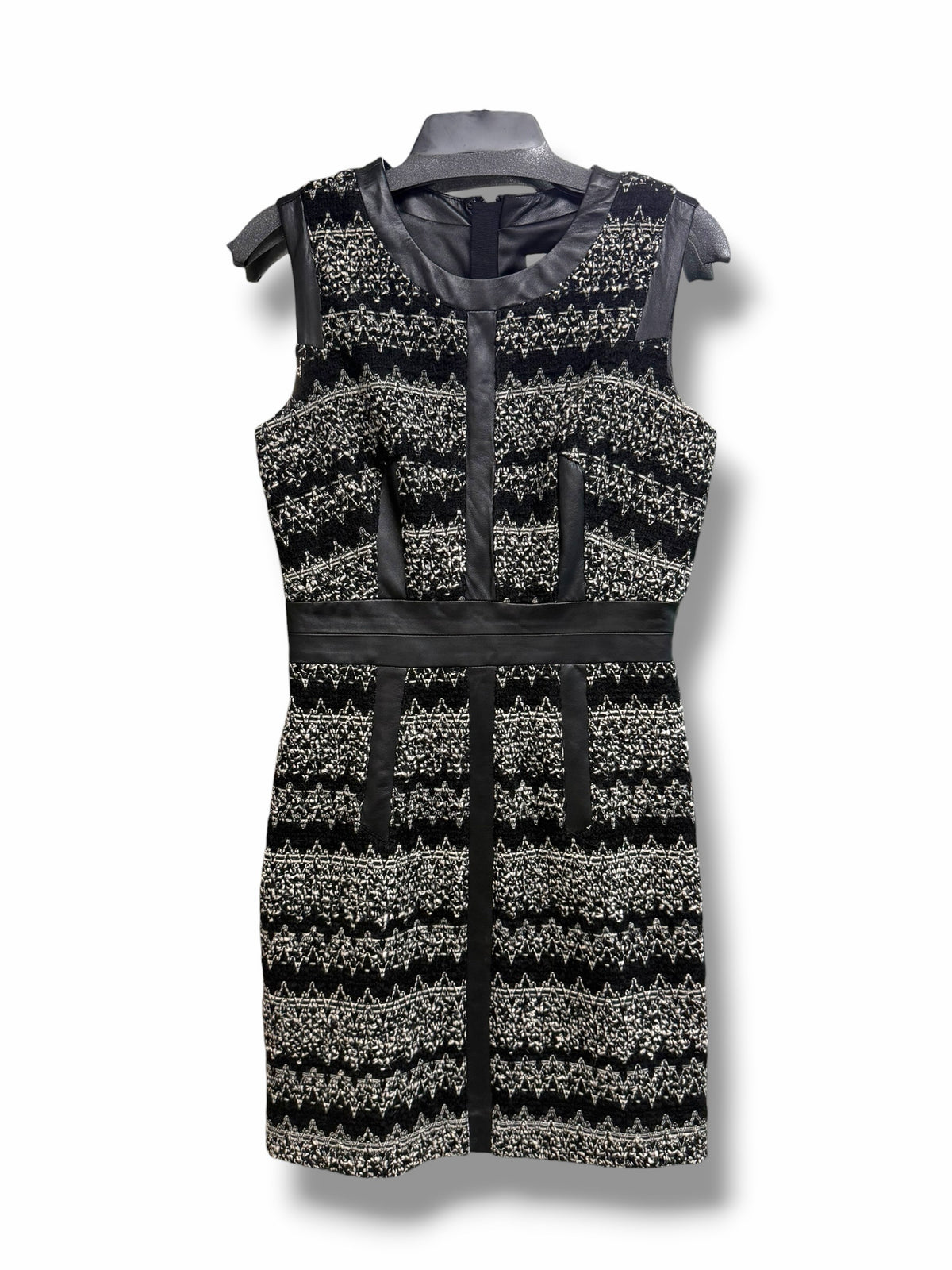 MILLY TWEED WOOL LAMB LEATHER TRIM SLEEVELESS SHEATH TANK DRESS SIZE 6