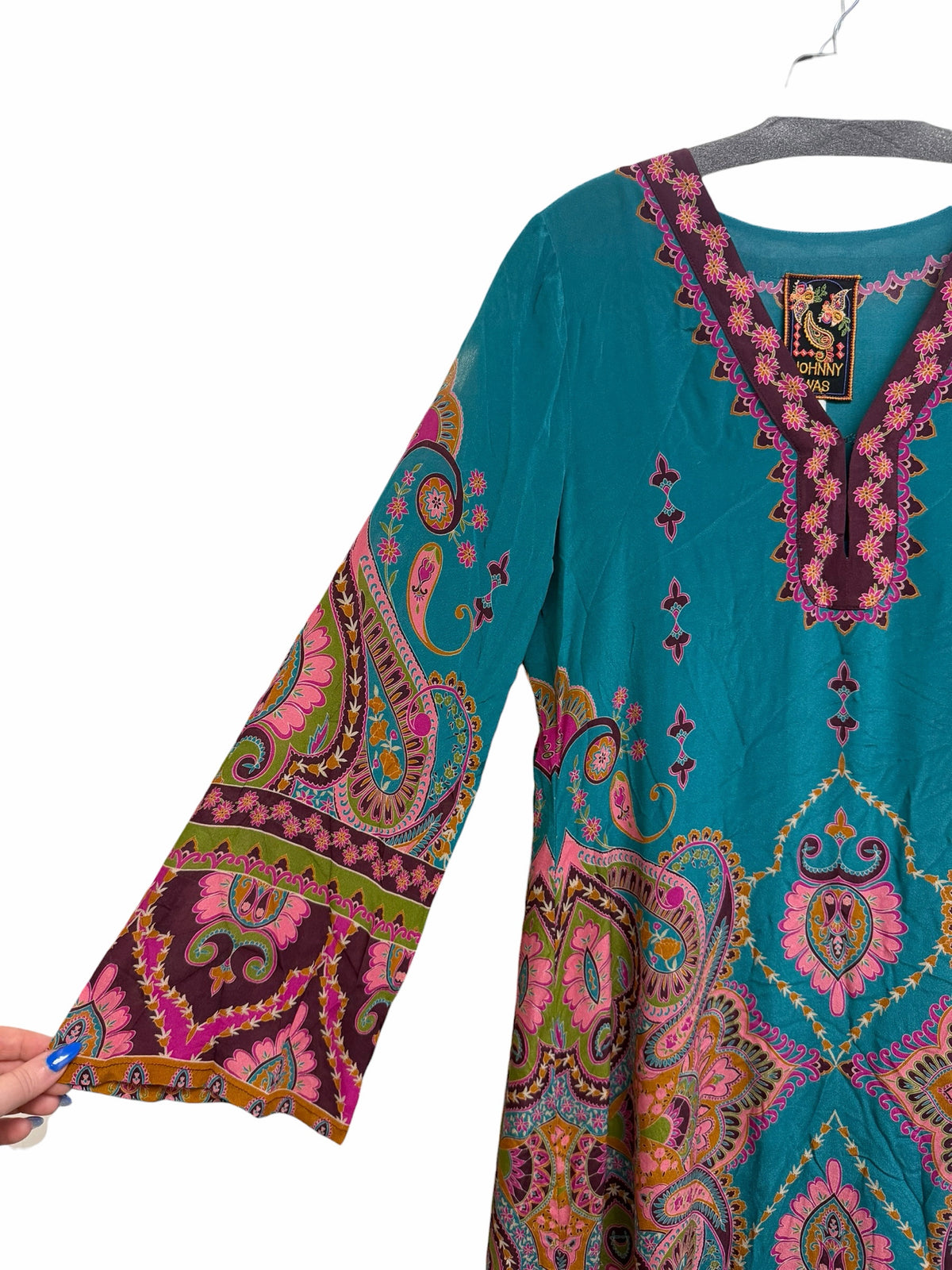 JOHNNY WAS JUDITH SILK PAISLEY PRINT TEAL MAXI DRESS SIZE SMALL