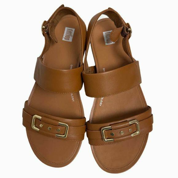 FITFLOP GRACIE BUCKLE LEATHER BACK STRAP TAN SANDALS SIZE 8