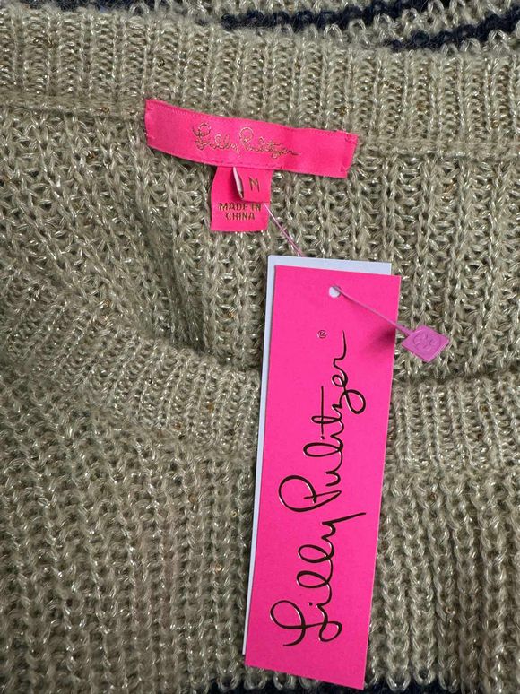 LILLY PULITZER NWT! FINNEY SPARKLE STRIPE GOLD/NAVY SWEATER SIZE M