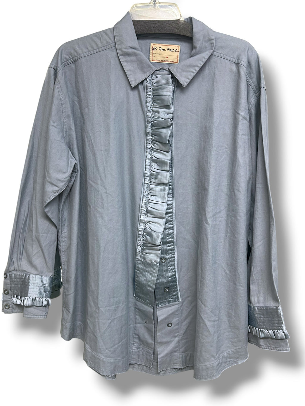 NWT FREE PEOPLE WE THE FREE THE NIGHT MOVES BLUE SATIN RUFFLE TOP SIZE M