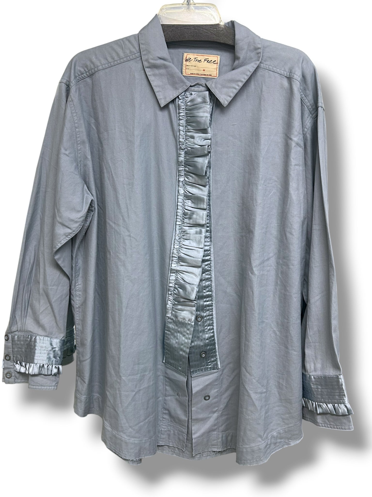 NWT FREE PEOPLE WE THE FREE THE NIGHT MOVES BLUE SATIN RUFFLE TOP SIZE M