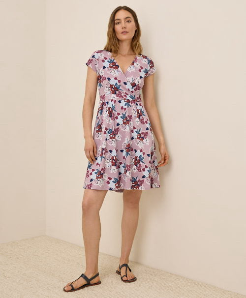 PACT WOMEN'S FIT AND FLARE CROSSOVER PINK FLORAL DRESS SIZE L