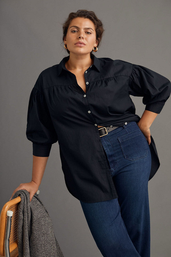 NWT ANTHROPOLOGIE MAEVE BLACK COTTON POPLIN BUTTON DOWN SIZE MEDIUM