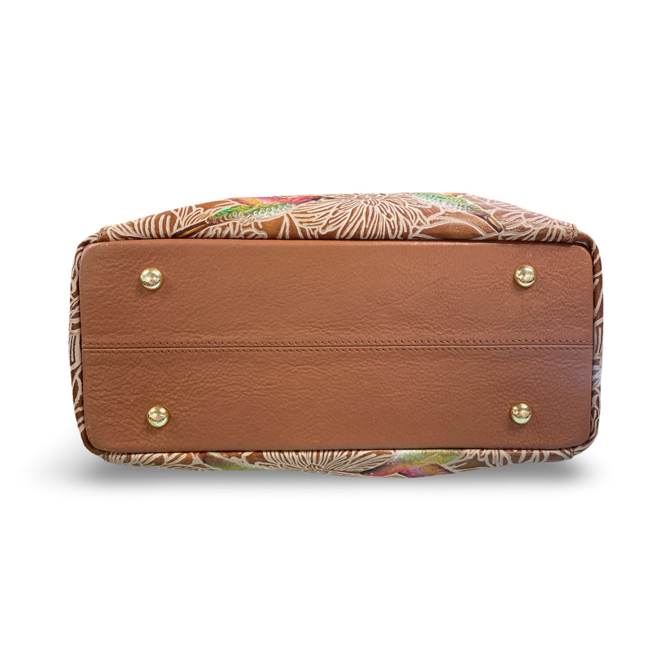 ANUSCHKA MULTI COMPARTMENT SATCHEL TOOLED BIRDS TAN