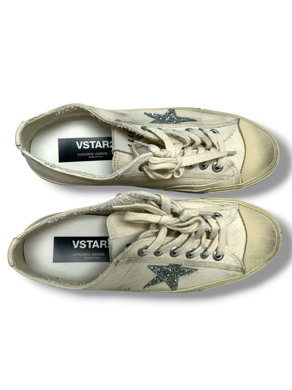 NIB GOLDEN GOOSE V STAR BEIGE CANVAS GLITTER STAR SNEAKERS SIZE 40 US 10