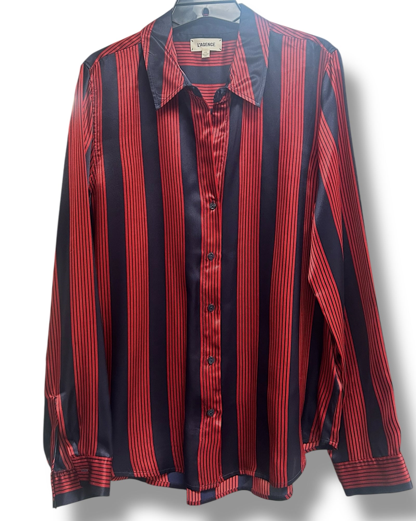 L'AGENCE TAYLOR SILK LONG SLEEVE RED BLUE STRIPED BUTTON DOWN BLOUSE SIZE LARGE