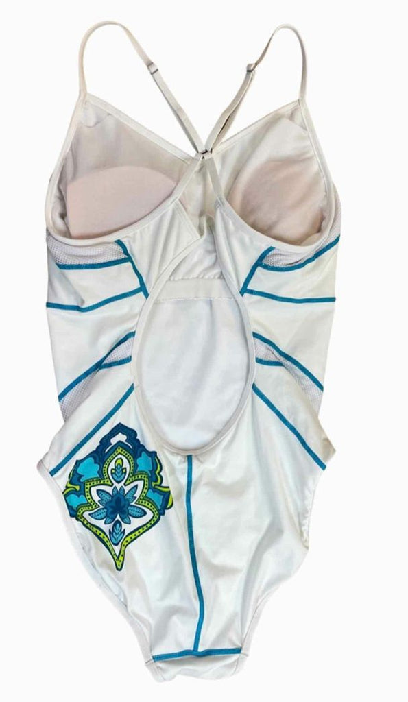 ATHLETA NWT! LYCRA ONE PIECE RACERBACK WHITE/BLUE SWIMSUIT SIZE LT