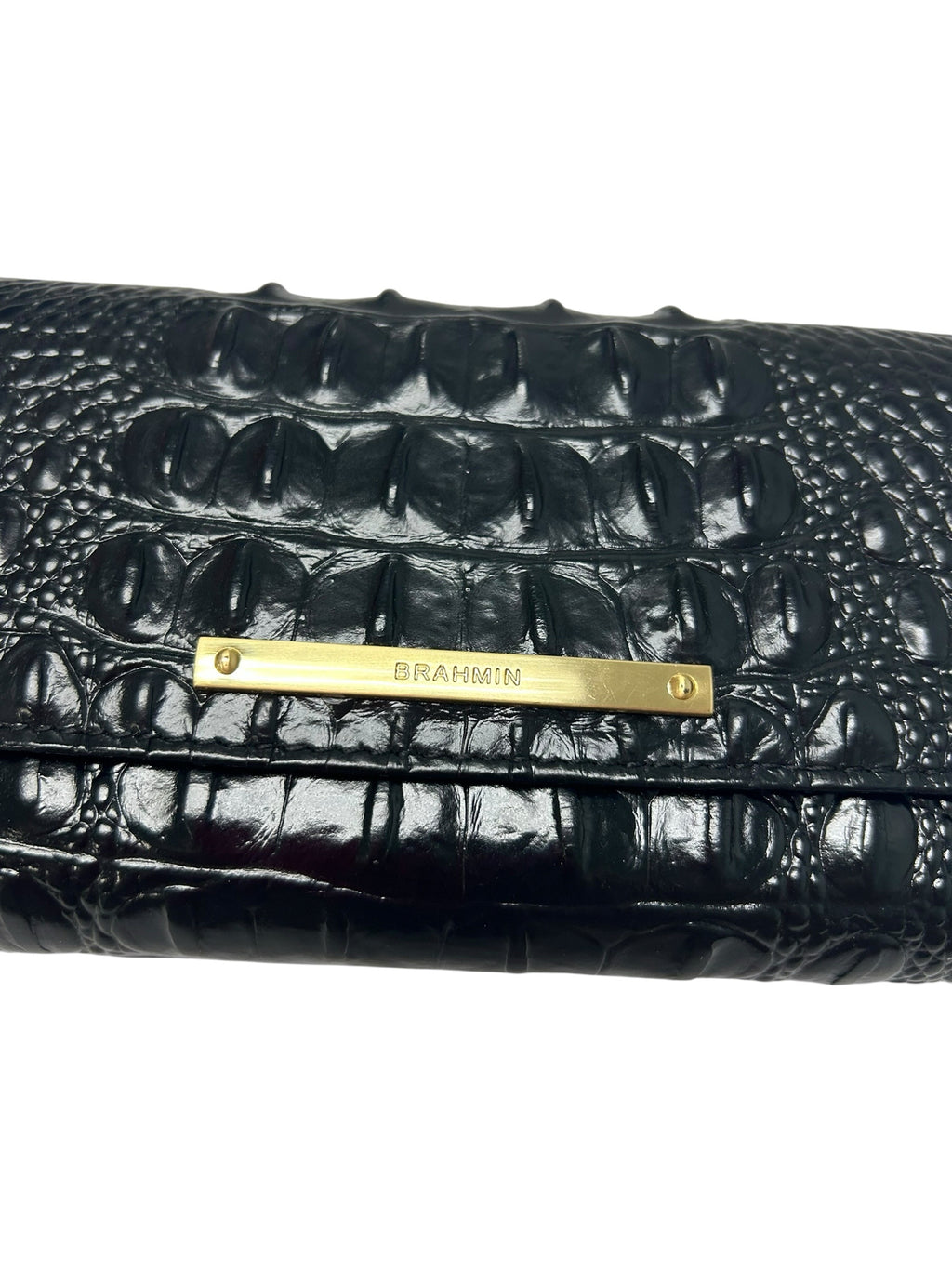 BRAHMIN CORDELIA BLACK CROC EMBOSSED FOLD OVER WALLET IN BLACK MELBOURNE