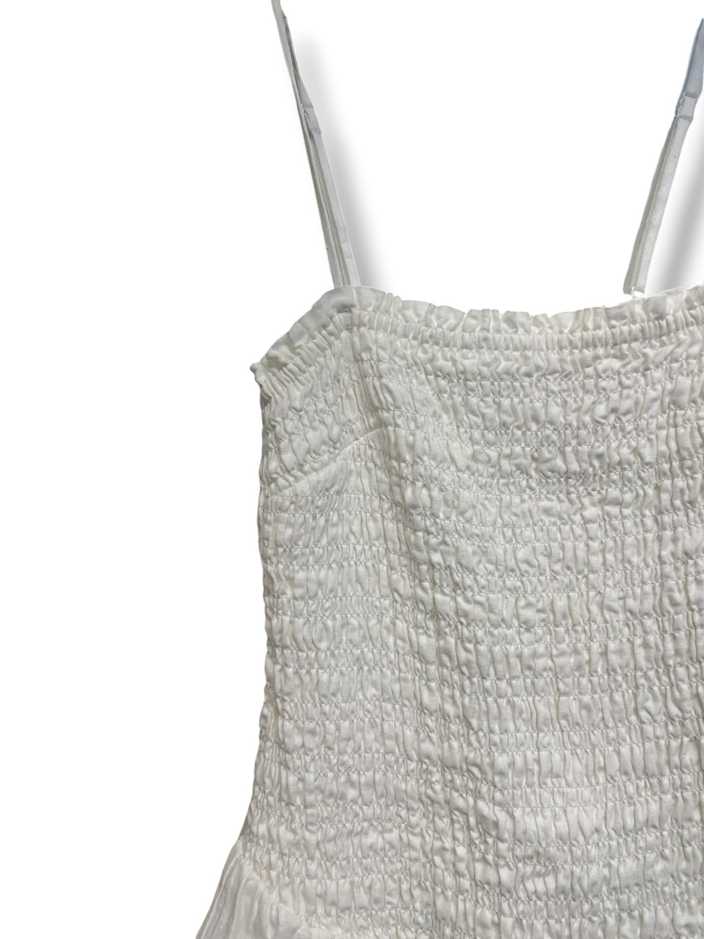 ARITZIA WILFRED CORINNE SMOCKED WHITE STRAPPY LINEN MINI DRESS SIZE SMALL