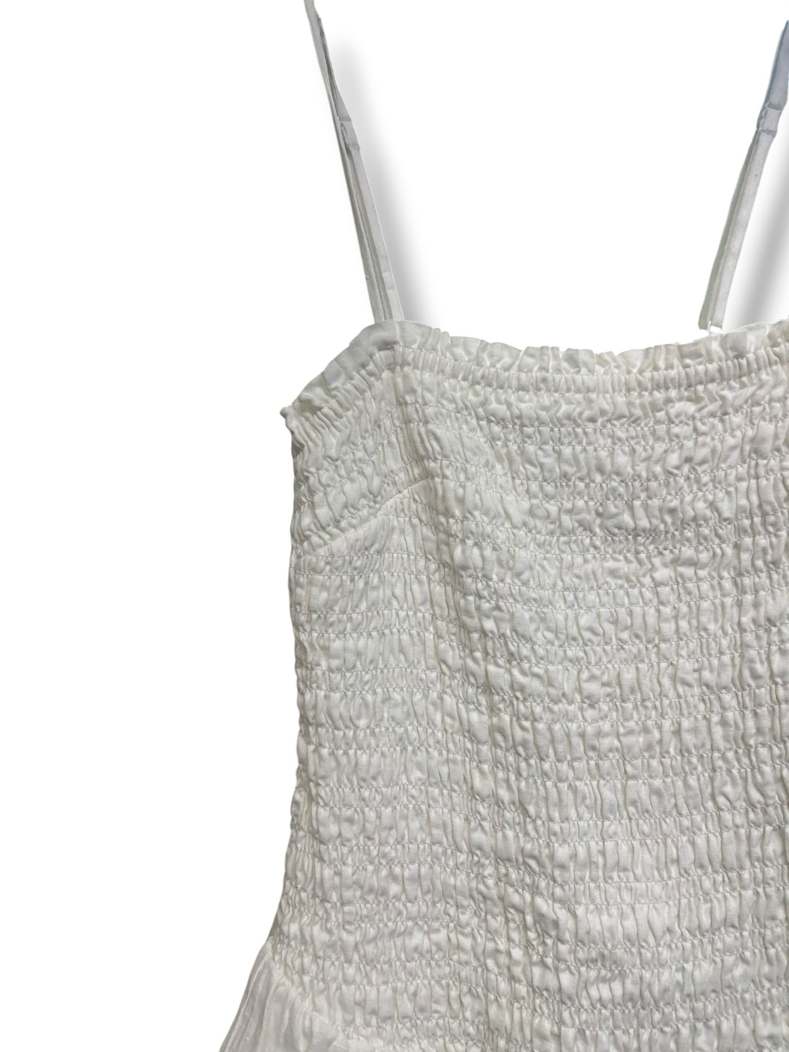 ARITZIA WILFRED CORINNE SMOCKED WHITE STRAPPY LINEN MINI DRESS SIZE SMALL