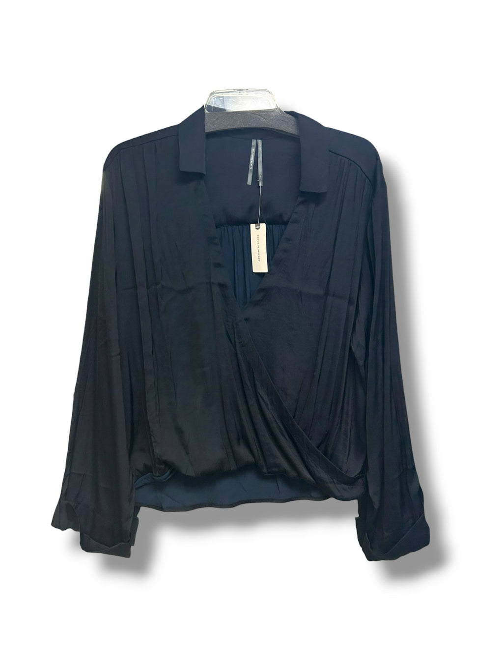 NWT ANTHROPOLIGIE BLACK SATIN WRAP FRONT V NECK BLOUSE SIZE LARGE
