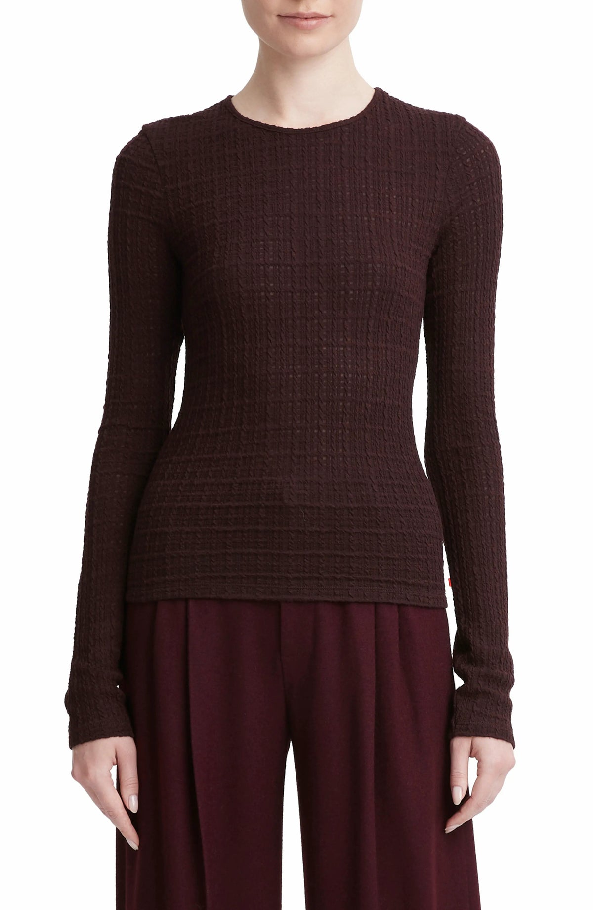 VINCE SHADOW GRID BROWN FIG WOOL BLEND KNIT LONG SLEEVE TOP SIZE SMALL