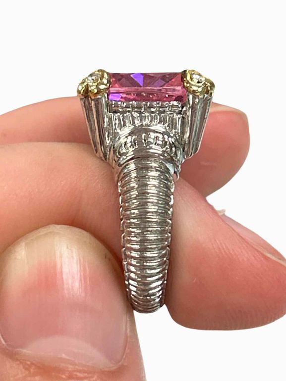 JUDITH RIPKA FONTAINE 18K GOLD STERLING SILVER PINK CRYSTAL DIAMOND HEART RING SIZE: 6