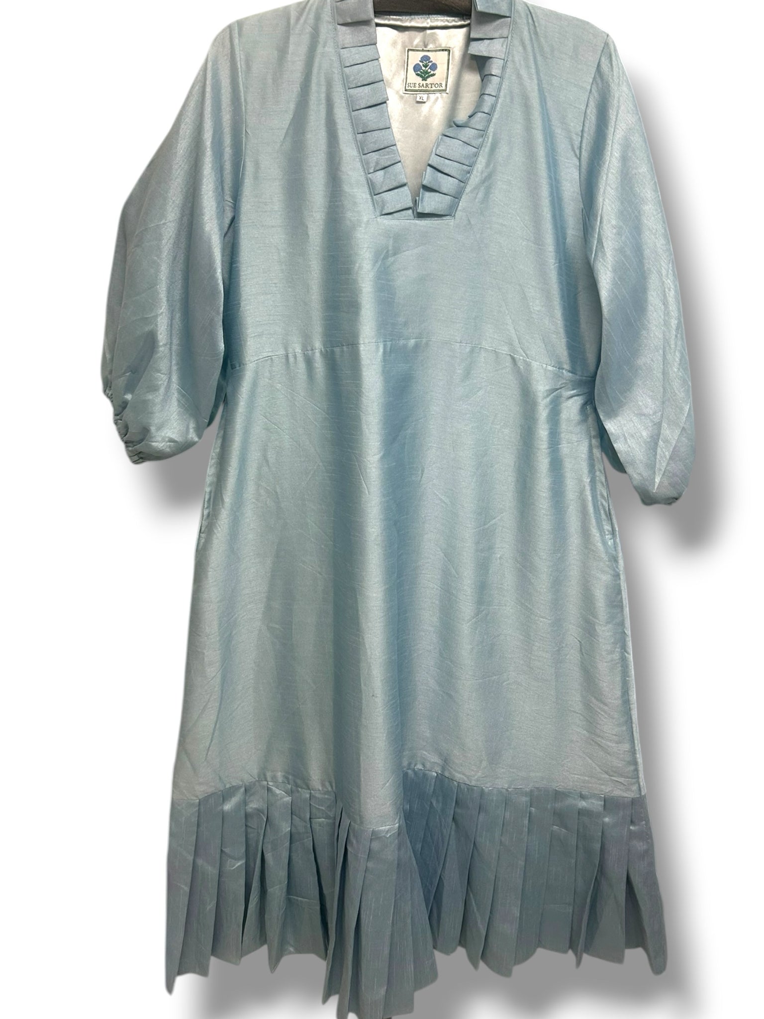 SUE SARTOR LIGHT BLUE FLOUNCE LONG SLEEVE TAFFETA MAXI SILK DRESS SIZE XL