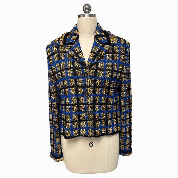 ST JOHN TWEED PLAID BLAZER JACKET ROYAL BLUE YELLOW SIZE S