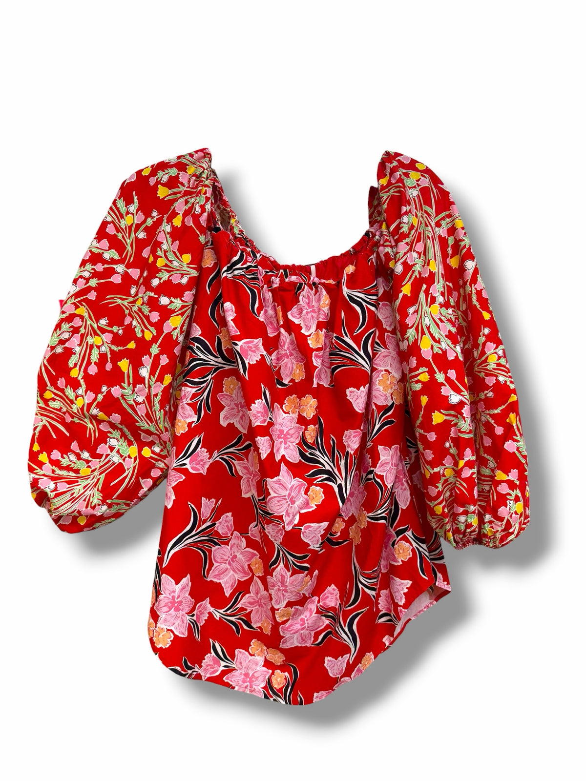 FREE PEOPLE SUMMER FLORAL GARDENIA RED PRINT TUNIC TOP SIZE LARGE