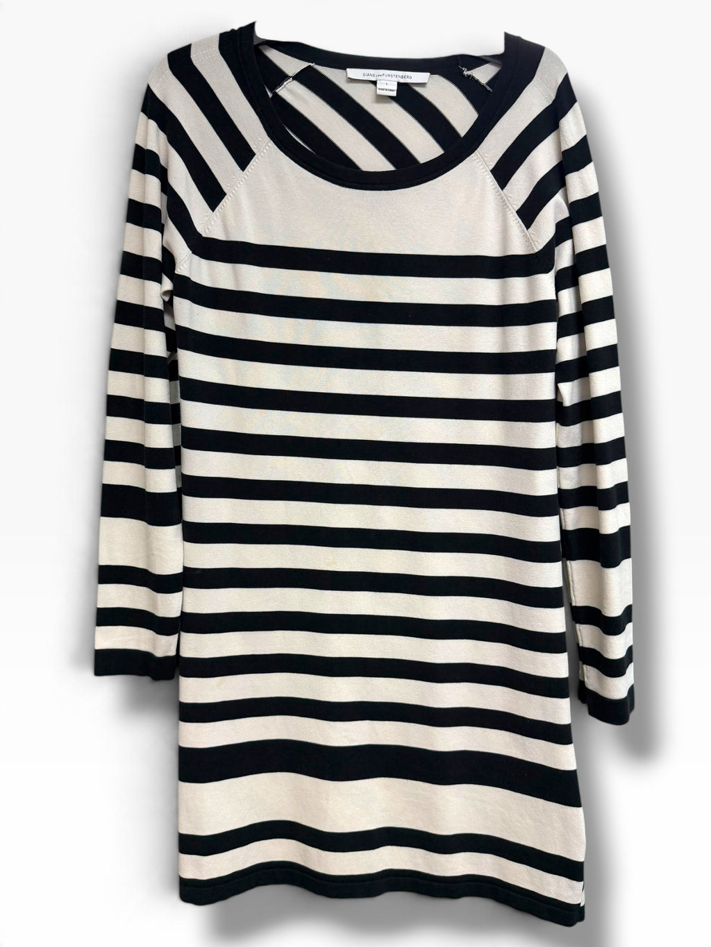 DIANA VON FURSTENBERG BLACK CREAM STRIPED SILK BLEND SWEATER DRESS SIZE L