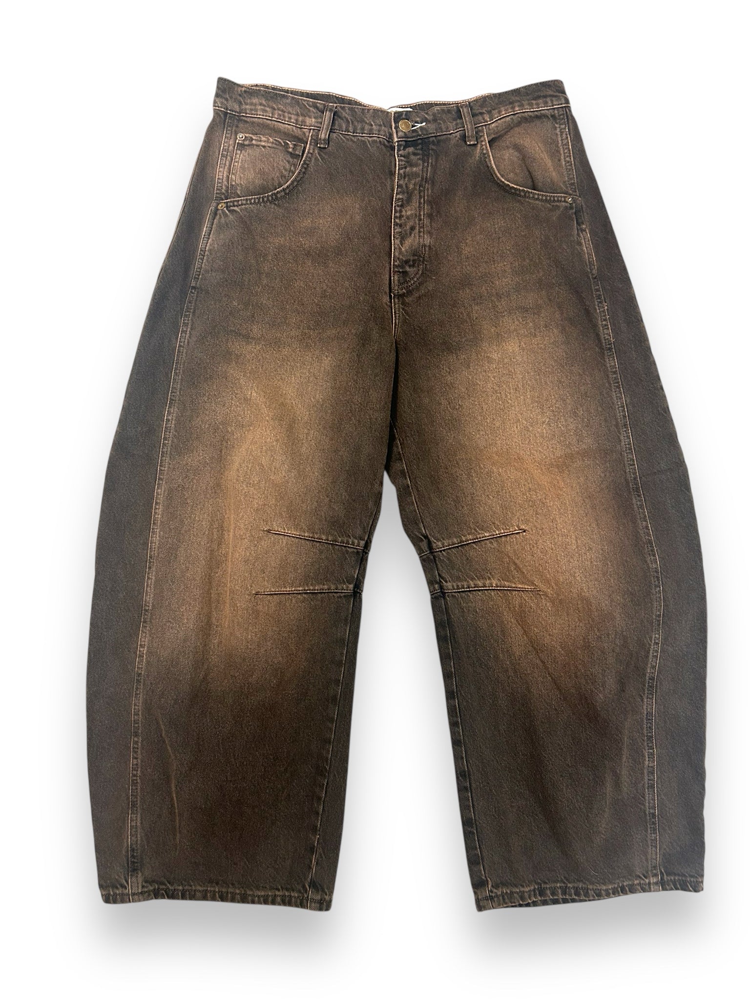FREE PEOPLE GOOD LUCK MID RISE BARREL JEANS WASHED BLACK BROWN SIZE 32
