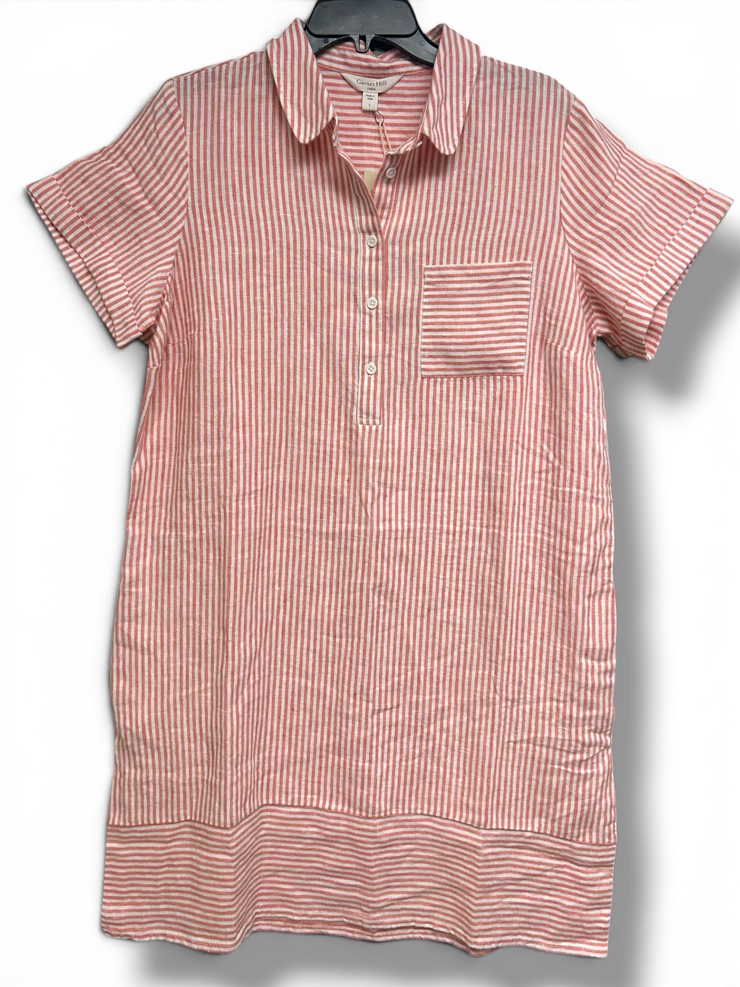 NWT GARNET HILL RELAXED POPOVER LINEN STRIPE RED WHITE SHIRT DRESS SIZE LARGE